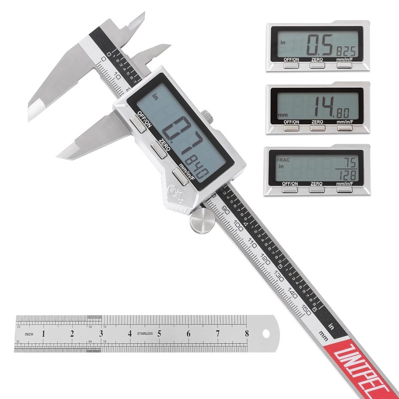 UNIPEC 6" / 150 mm Stainless Steel Digital Caliper (IP54) & Stainless Steel Rule Set, Inch/Millimeter/Fraction Conversion, Splash-Proof Protection with Large LCD Display – Precision Measuring Tools - Image 1